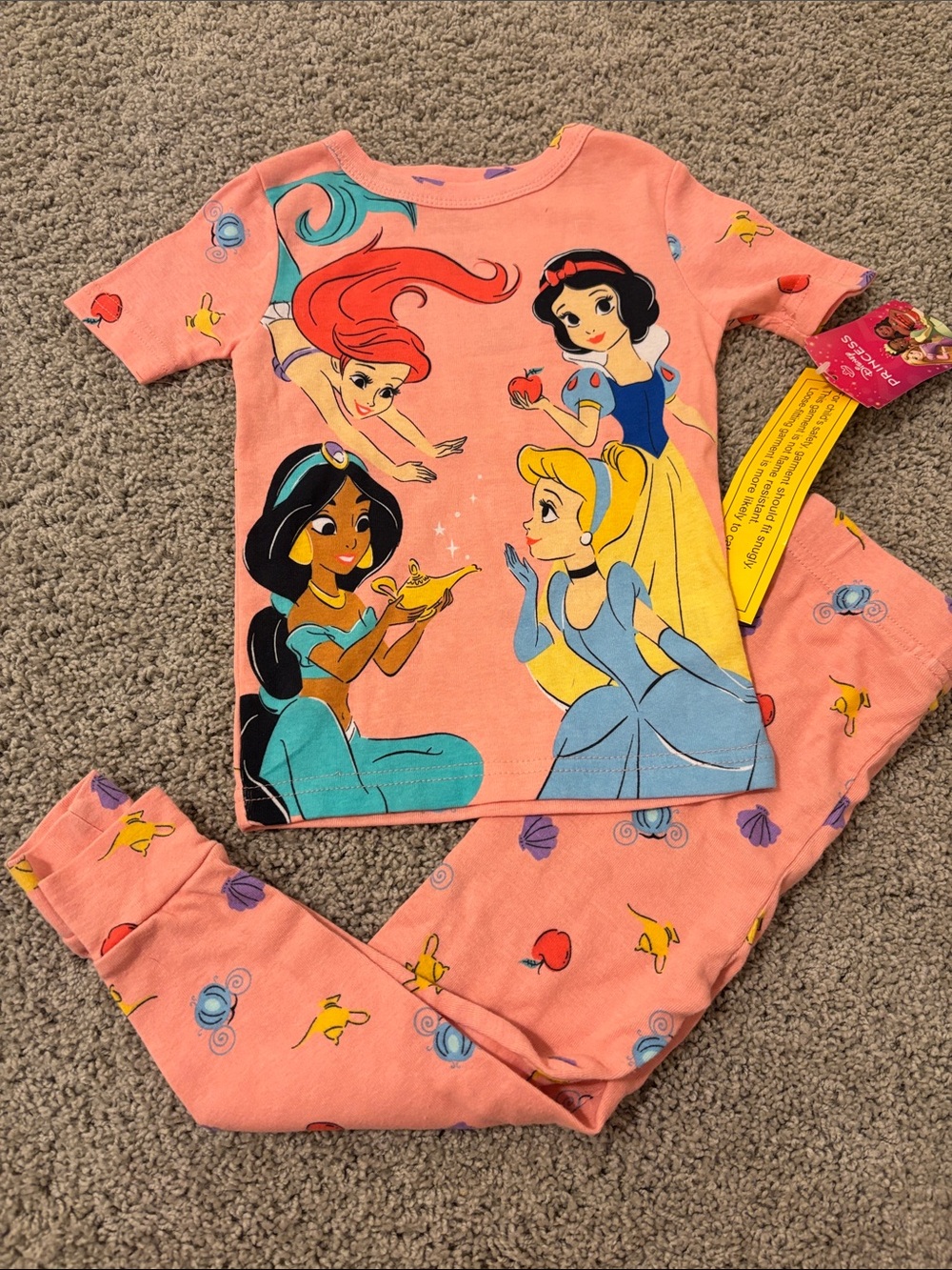 New!Disney Pink Princess Pajama Set with Ariel, Jasmine, Cinderella & Snow White